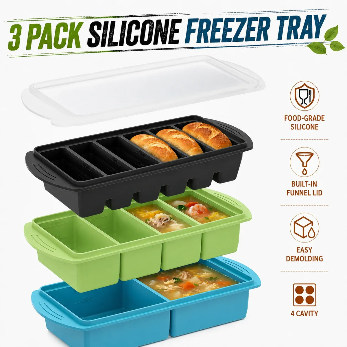 3-Pack Silicone Freezer Trays with Lids – 1 Cup Soup Molds