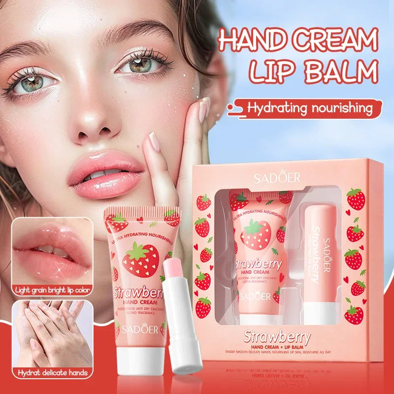 BIOAOUA Strawberry Hand Cream & Lip Balm Set – Moisturizing