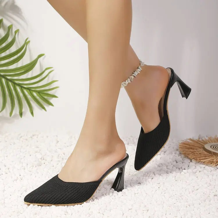 Women's Knit Pointed Toe High Heel Mules – Slip-On Weave