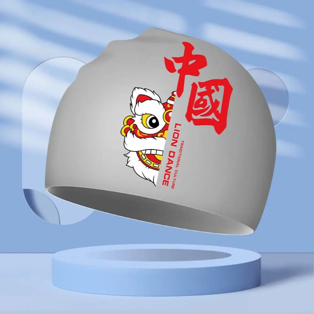 Lion Dance Waterproof Silicone Swimming Cap – Adult Long Hair