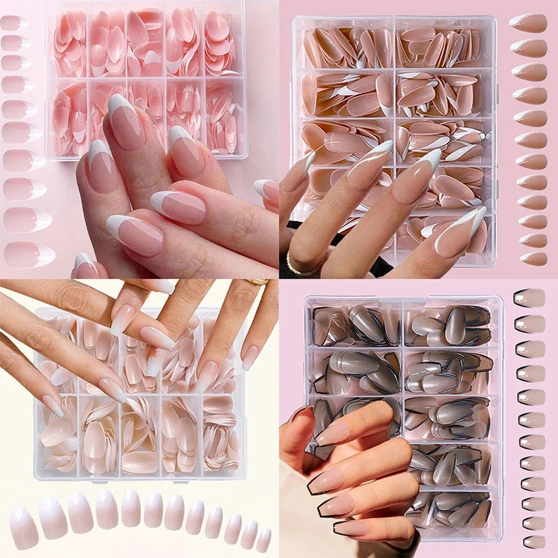 120/240/360Pcs Pink French Press On Nails | Almond False Tips