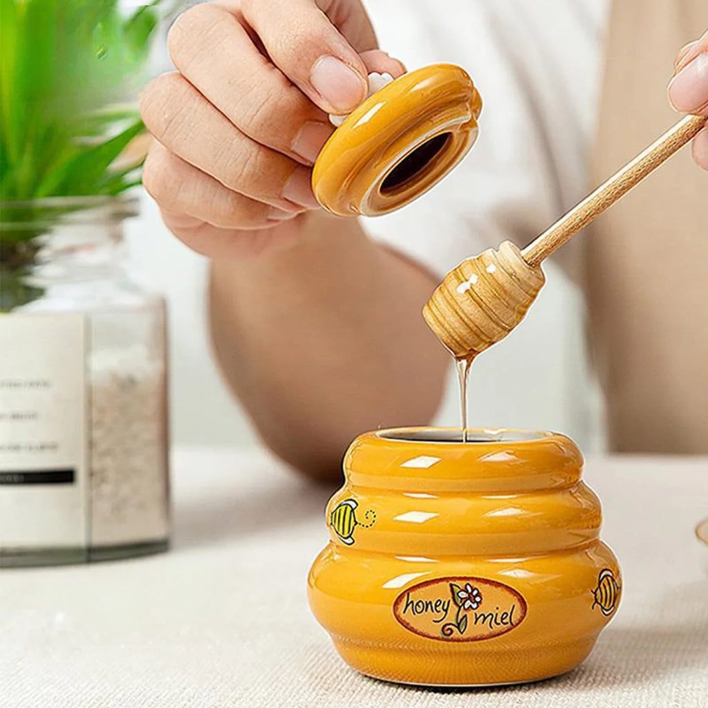 Ceramic Honey Jar with Lid & Wooden Stirring Stick