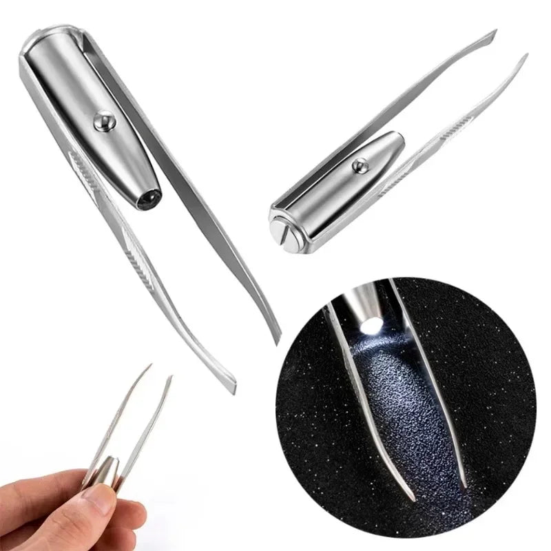 LED Lighted Eyebrow Tweezers | Slant Tip Stainless Steel Set