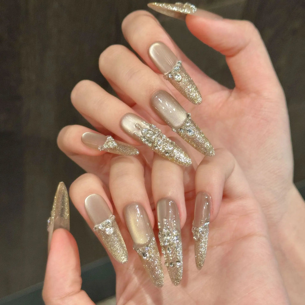 Press On Nails Glitter Gold Cat Eye Long Oval | 10pc Set