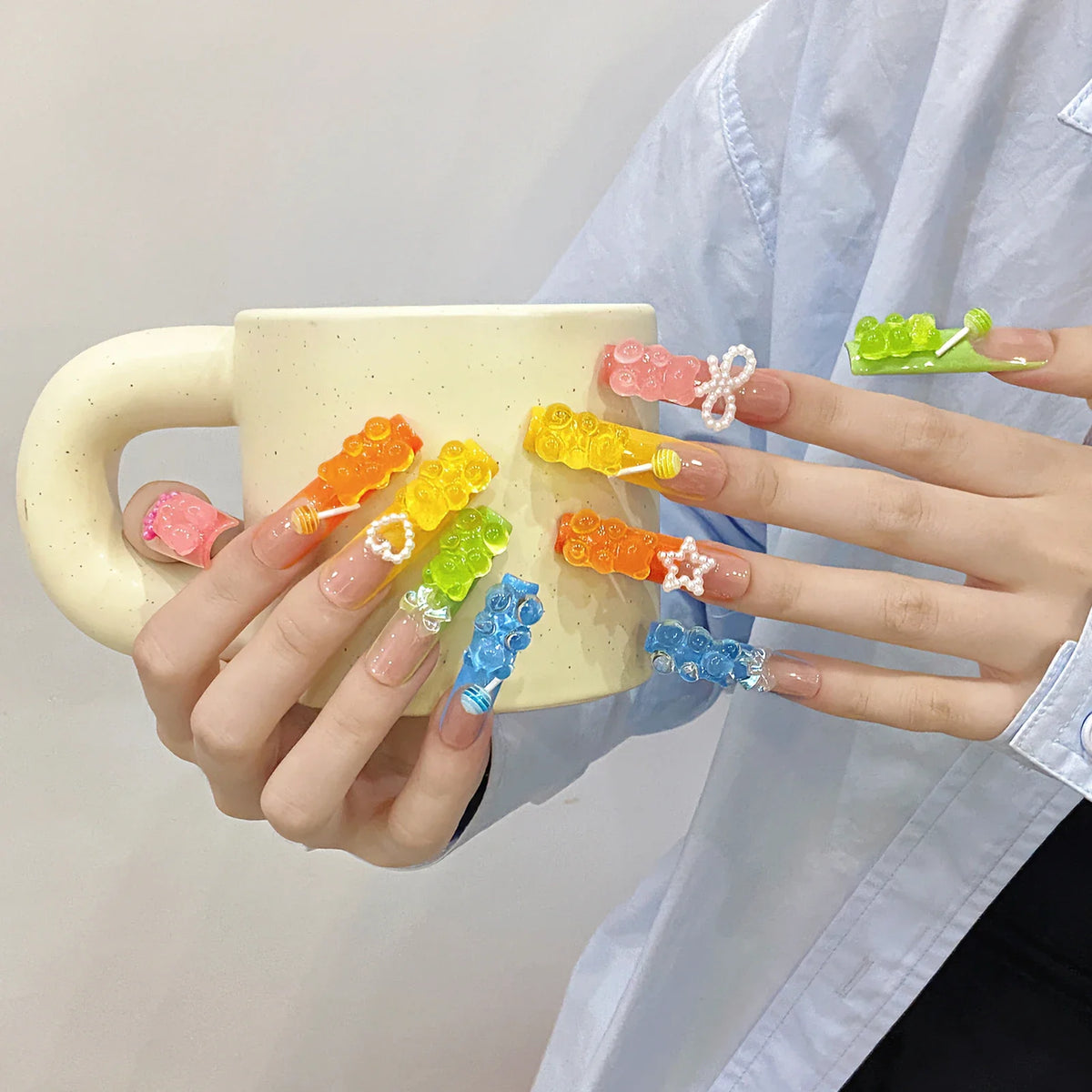 Handmade Press On Nails Candy Bear Bow | Extra Long False Nails