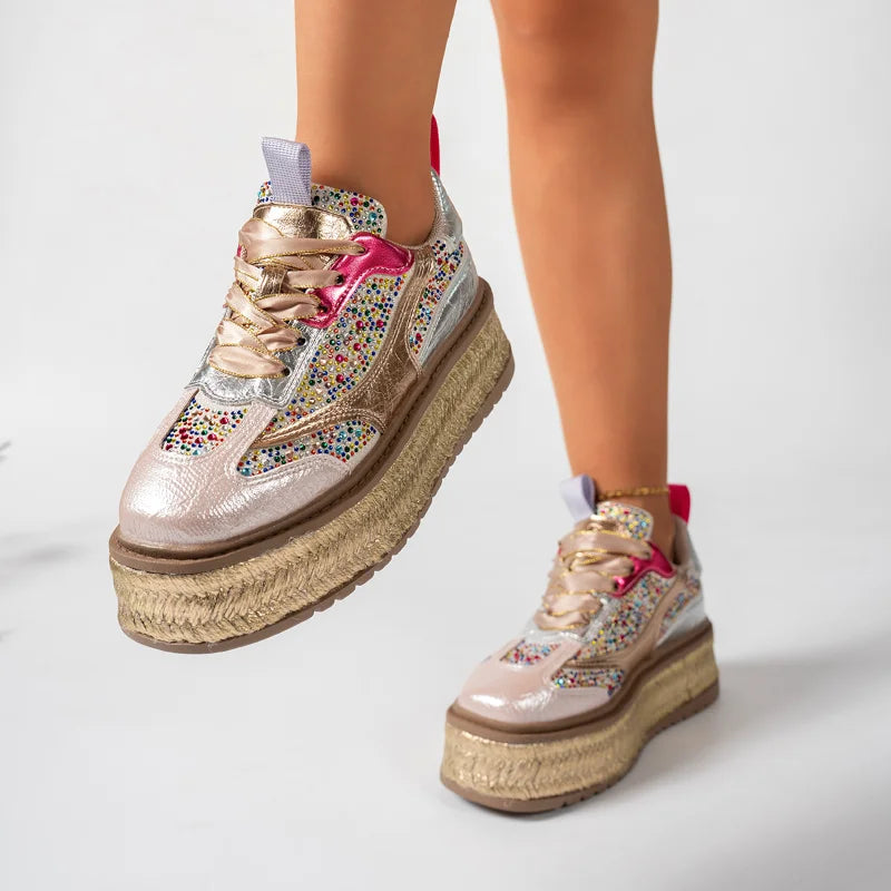 Women's Leather Rhinestone Platform Sneakers | Height Boost