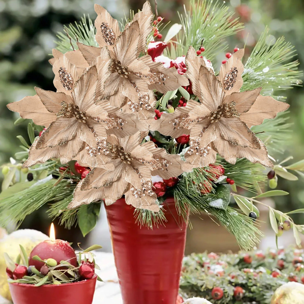 Glitter Artificial Christmas Cloth Flowers | Tree & Home Décor