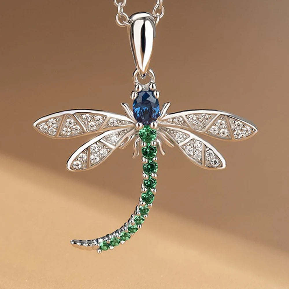 Huitan Colorful Dragonfly Pendant Necklace – CZ Stone Women
