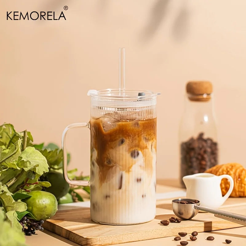 KEMORELA 740ml Ribbed Glass Tumbler with Handle, Lid & Straw