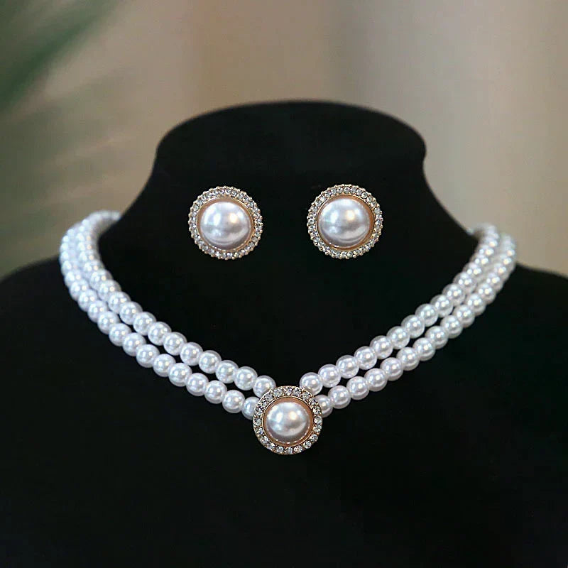 Fashion Double Layer Pearl Pendant Necklace Earrings Jewelry Ladies