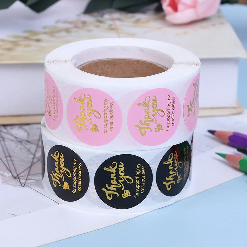 500 Round Thank You Stickers – Hot Stamp Pink & Black Labels