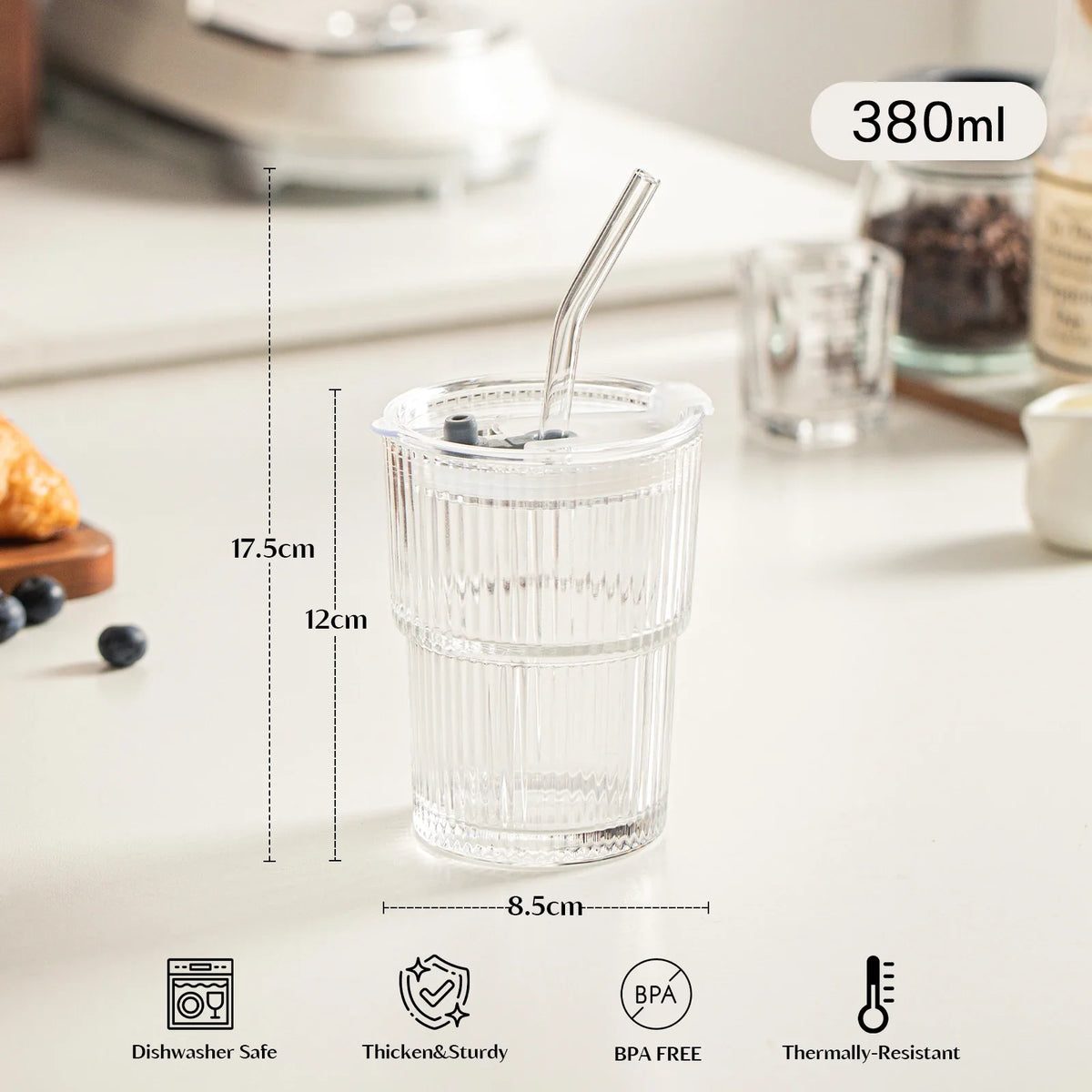 450ml Striped Glass Cups with Lid & Straw | Set of 1 or 2