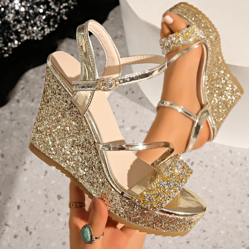 Women's Sequin Wedge Platform Sandals – Elegant Evening Heels