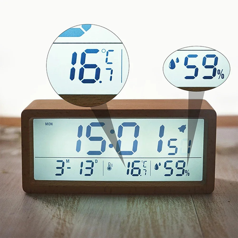 Wooden Digital Alarm Clock – Temp, Humidity & Date Display