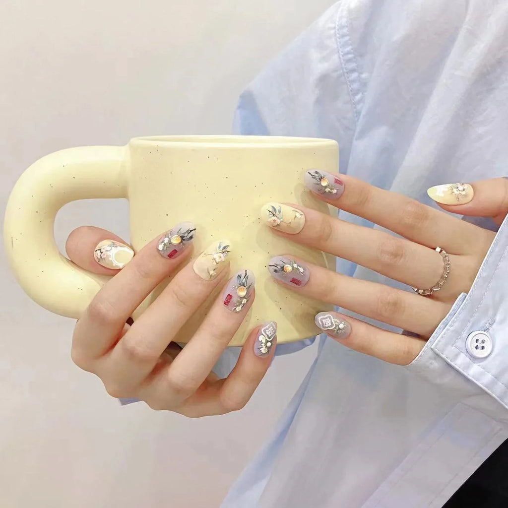 Press On Nails Yellow Blue Floral Pearl Design – Short Round