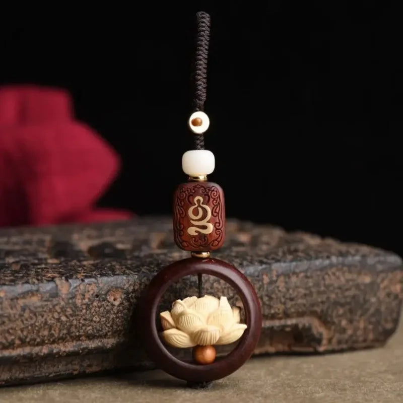 Mini Wooden Buddha Statue Lucky Lotus Keychain Pendant Accessories