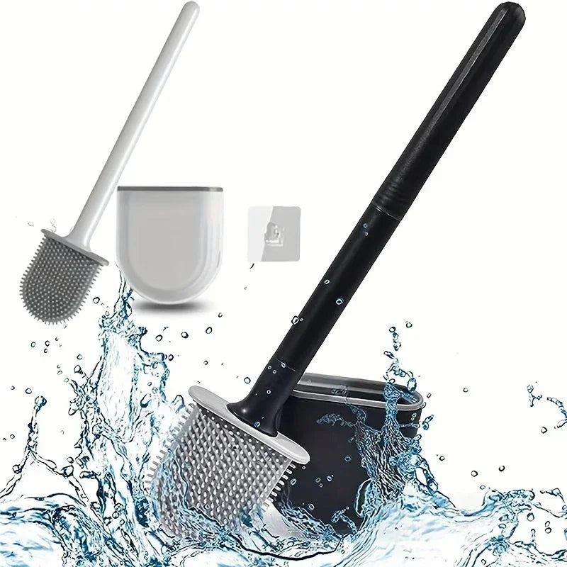 Silicone Toilet Brush & Wall-Mount Holder Set | Flexible Flat Head
