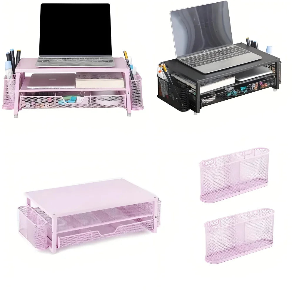 2-Tier Metal Monitor Stand Desk Organizer – Drawer & Pen Holder