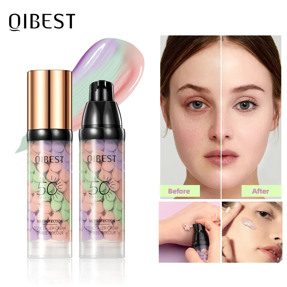 QIBEST Tri-Color Makeup Primer & Concealer Cream – 40g