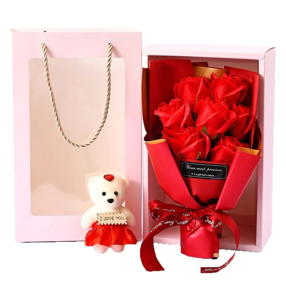 Romantic Fake Rose Bouquet Box Cute Teddy Bear Premium Soap Flower