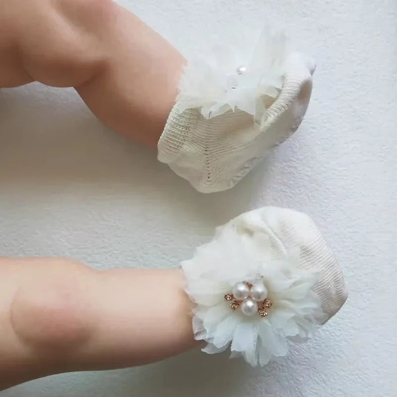 Cute Pearl Bows Baby Headband Socks Non Slip Cotton Sock Lace Flower