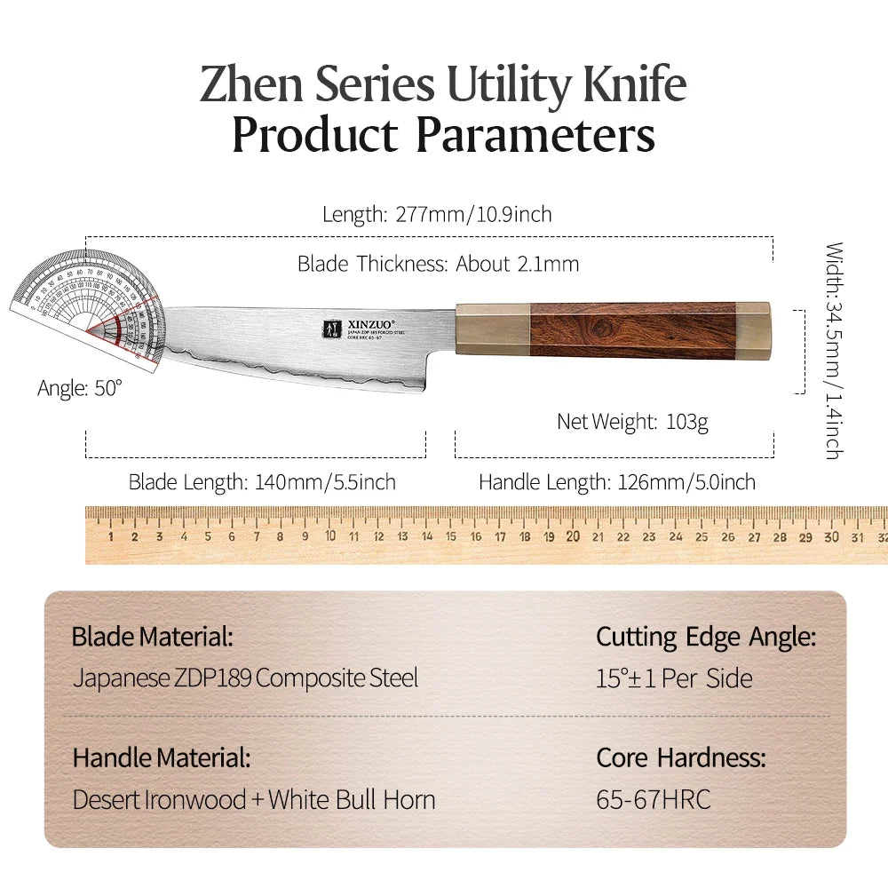XINZUO 5.5" ZDP-189 Utility Knife – Ironwood & Bull Horn Handle