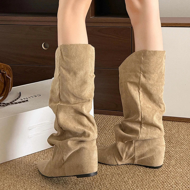 Women's Khaki Suede Mid-Calf Western Boots | Pointed Toe