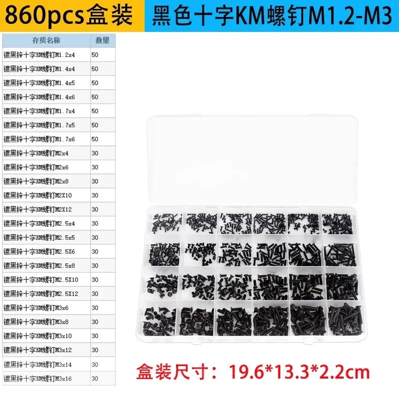 860PCS M1.2–M3 Black Countersunk Screws Kit | Carbon Steel Phillips
