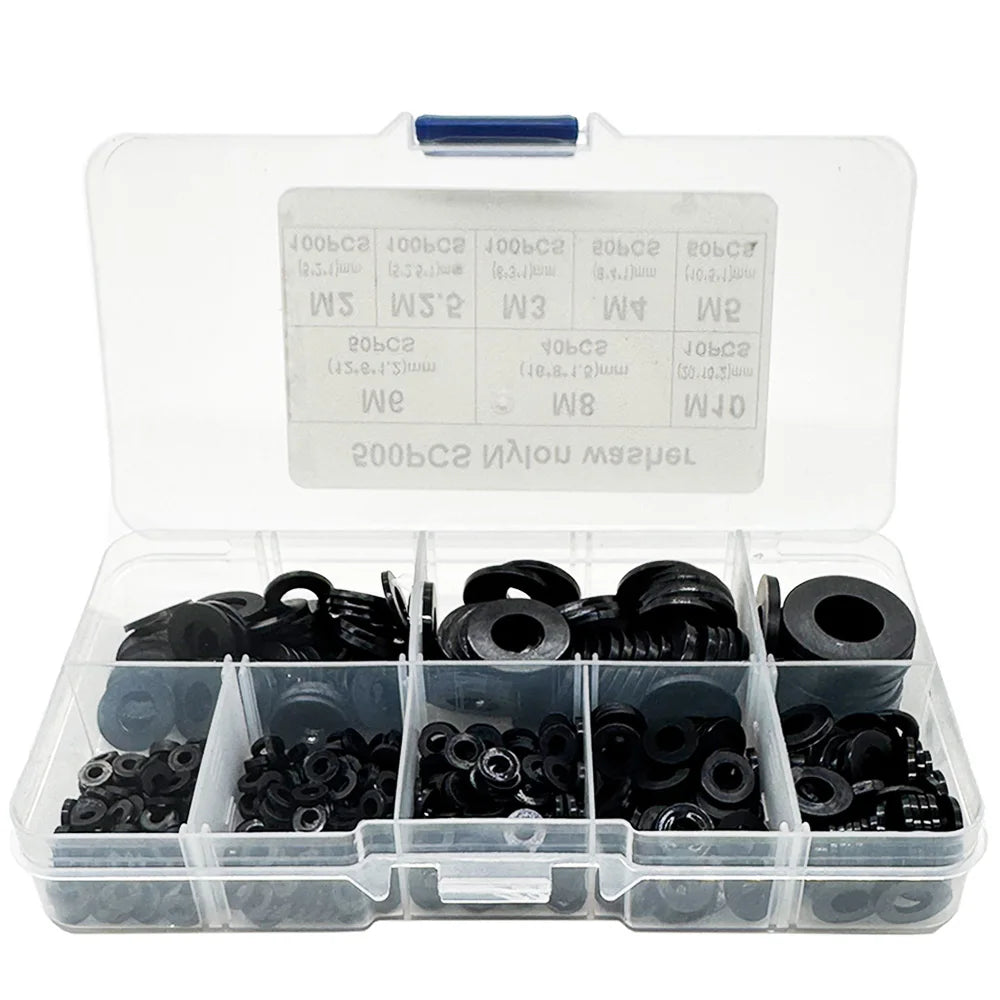 500 Pcs Nylon Flat Washer Kit M2–M10 | 8 Metric Sizes