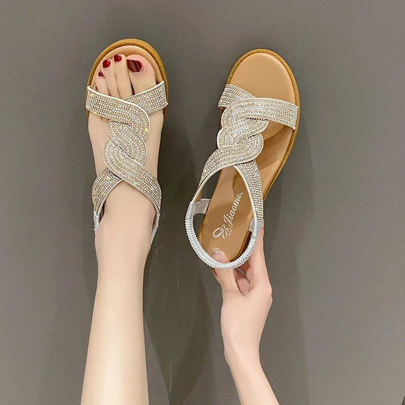 Women's Flat Sandals – Diamond Slip-On Round Toe, Sizes 35–42