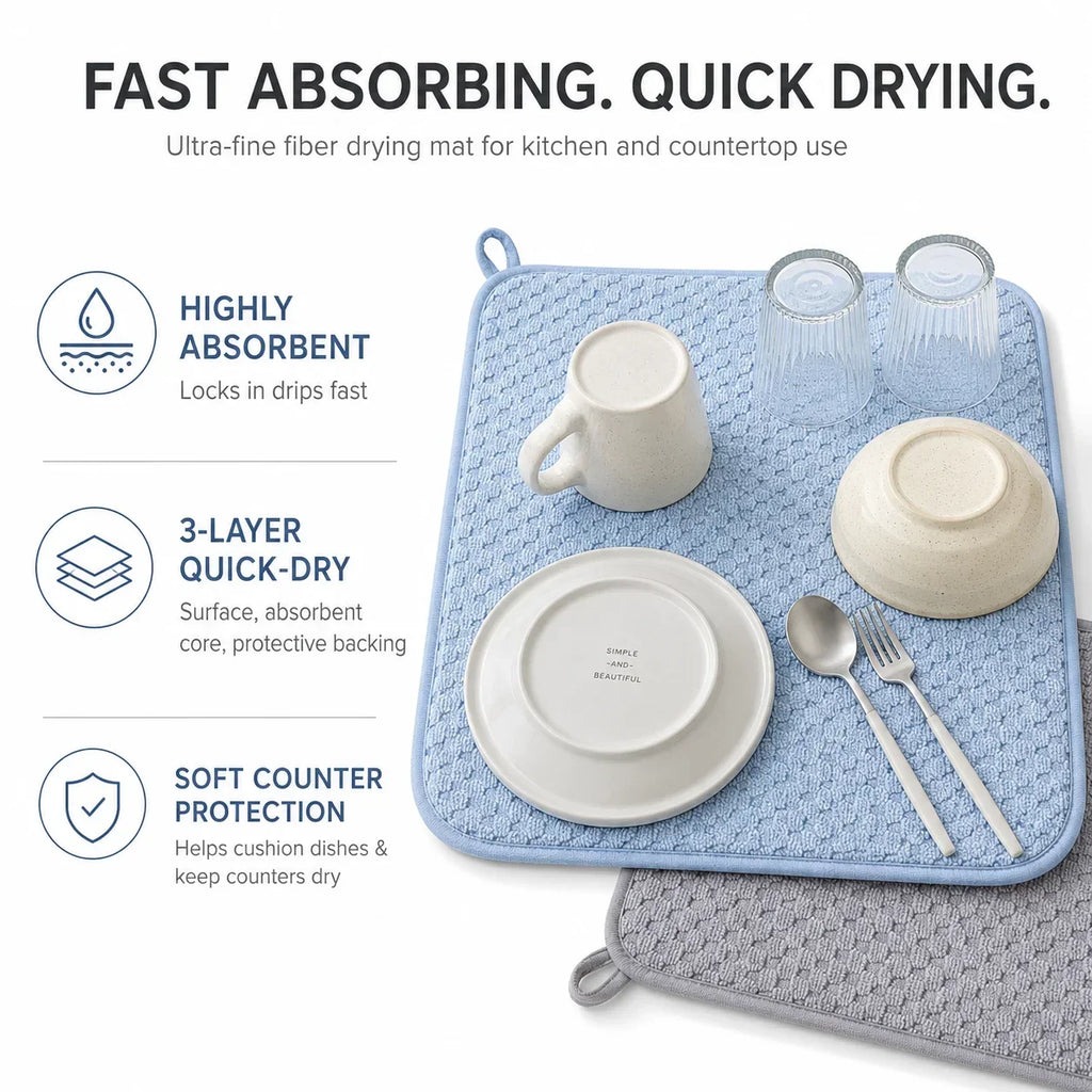 2-Pack Microfiber Dish Drying Mat – Absorbent Kitchen Counter Pad