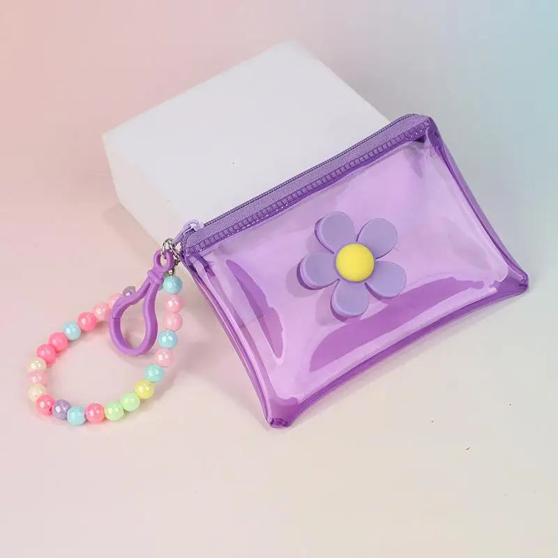 Flower Bead Chain Coin Purse – Clear PVC Zipper Mini Wallet