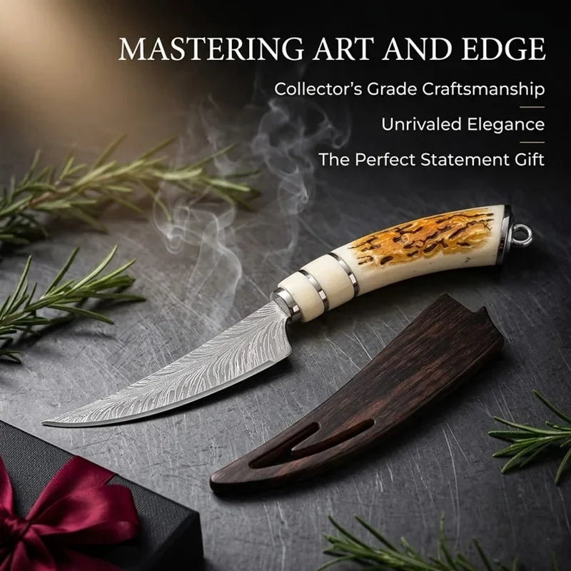 Damascus Feather Pattern Boning Knife with Sheath | Kitchen Knife