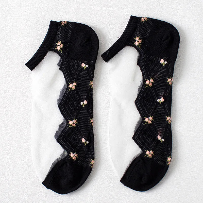 Women's Lace Floral Ankle Socks – 5 Pairs Breathable Cotton