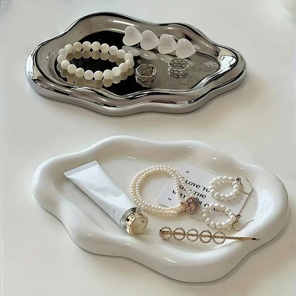 Electroplated Jewelry Storage Tray – White & Silver Organizer