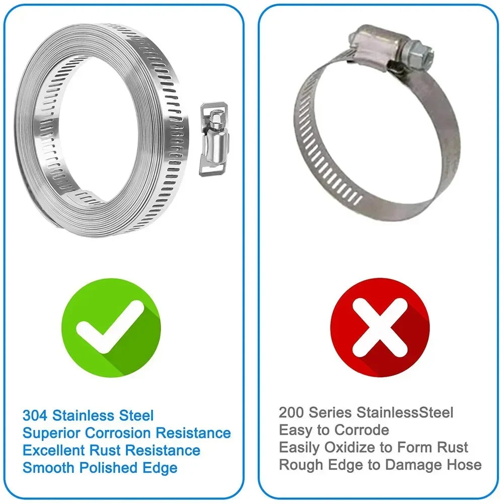 9.8ft Adjustable Worm Gear Hose Clamp 304 Stainless Steel + 6 Fasteners