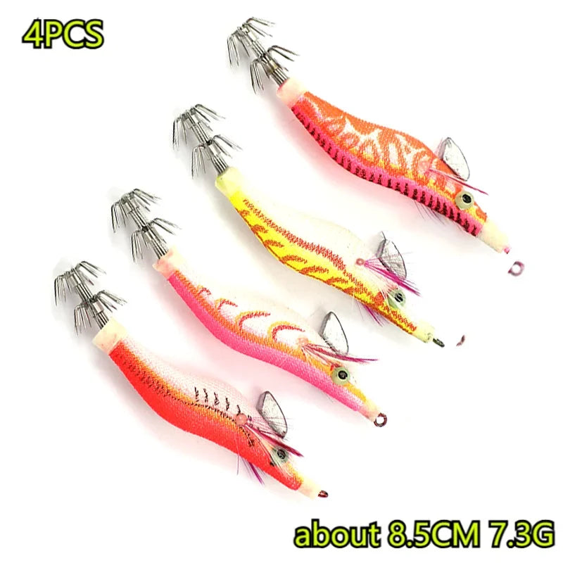Squid Jig Shrimp Fishing Lures Wood Prawn Baits Hooks Angling Tackle