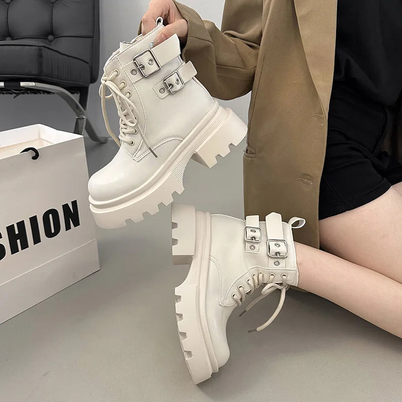 Women's Platform Ankle Boots – Square Heel Zip Buckle Booties