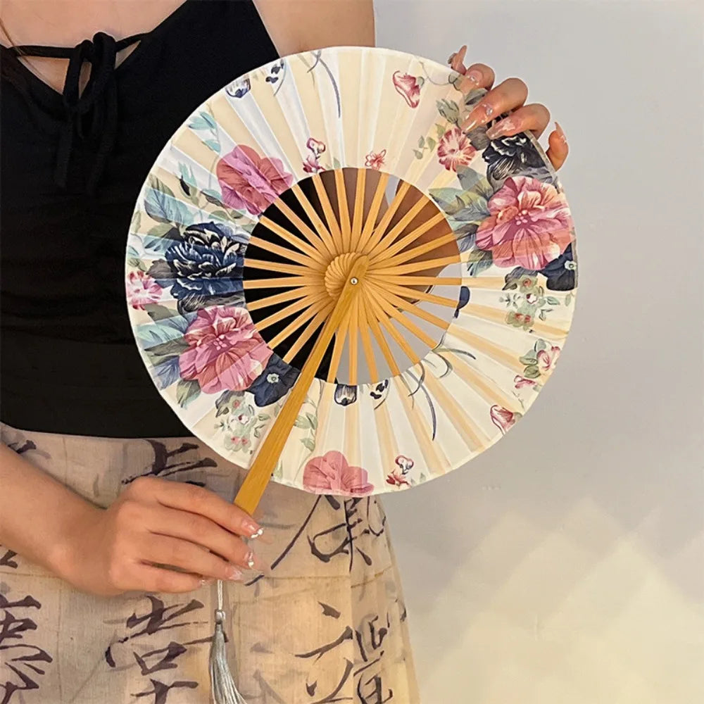 Chinese Hand Fold Fan Silk Bamboo Flower Folding Dance Props Tassel