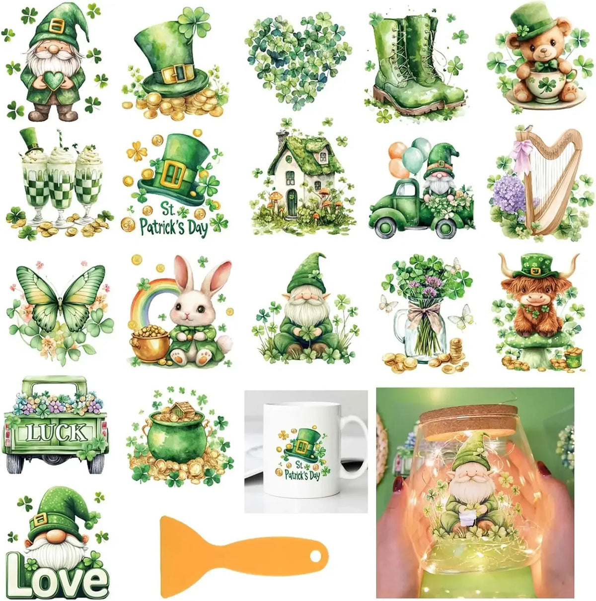 18Pc St. Patrick's Day Rub-On Transfers – Gnome & Clover Decals