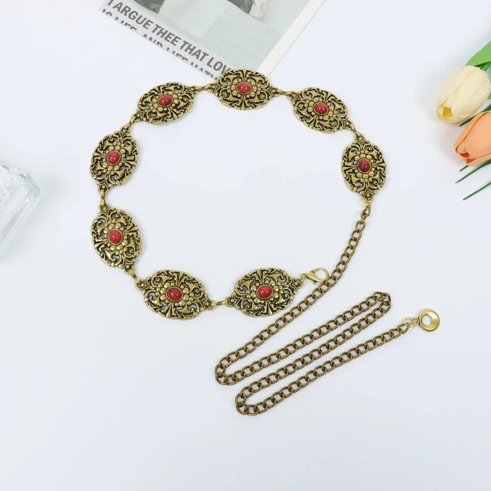 UYEE Belt Vintage Ornate Floral Gold Chain Waist Women Bohemian