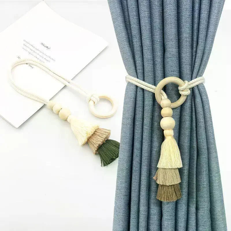 1 Tassel Curtain Tie Backs Wooden Bead Tiebacks Bohemian Clasp Home