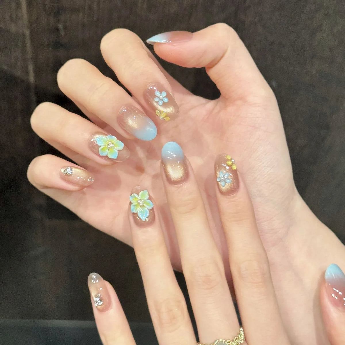 Handmade Press On Nails | 3D Blue Flower Short Oval False Nails