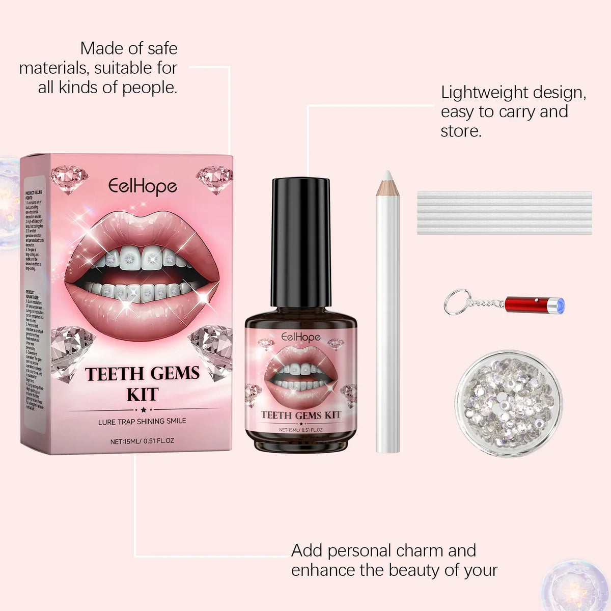 DIY Teeth Gems Kit – 100 Dental Gemstones, UV Light & Glue