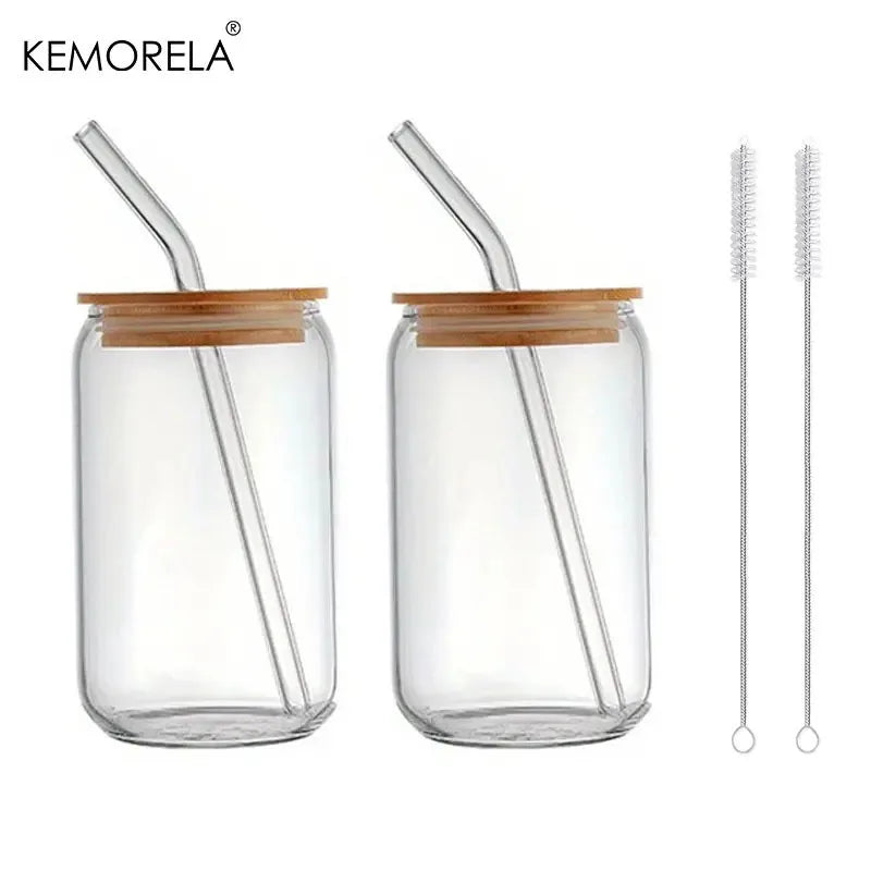 KEMORELA 500ml Glass Can Cups with Lids & Straws – Set of 2/4/6