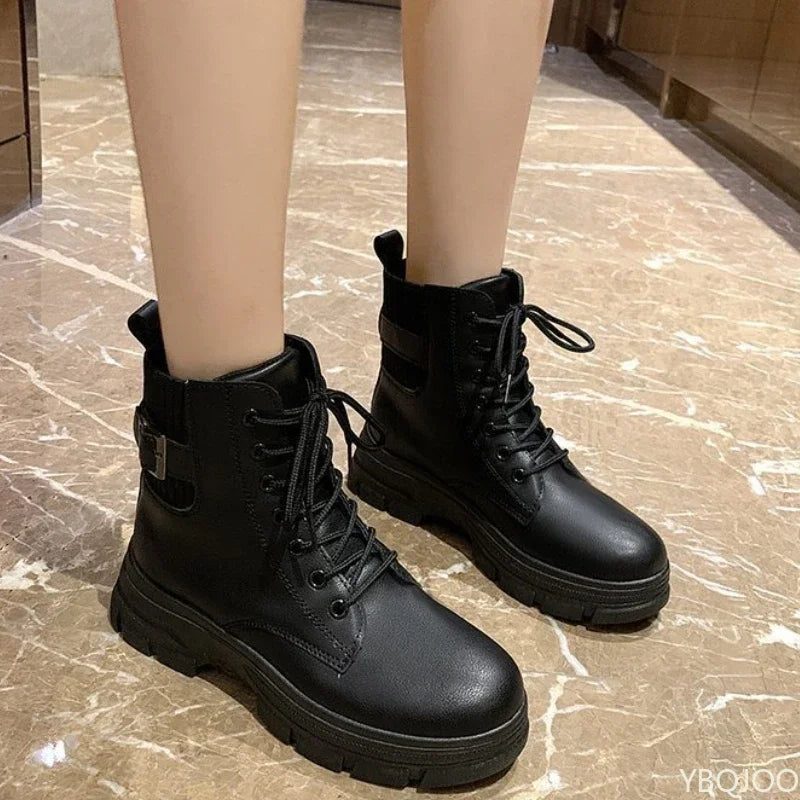 Women's Belt Buckle Ankle Boots – Soft Sole Lace-Up Shoes