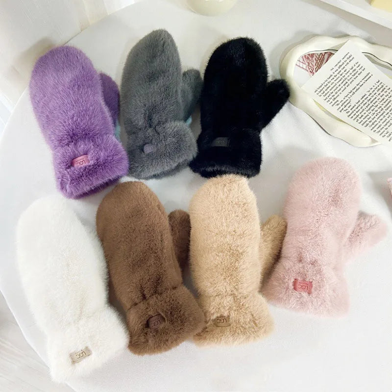 Women's Thick Plush Knit Mittens – Warm Solid Color Winter Gloves