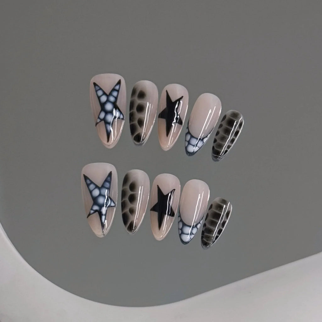 Y2K Star Press On Nails – Crocodile Print French Almond 10pcs