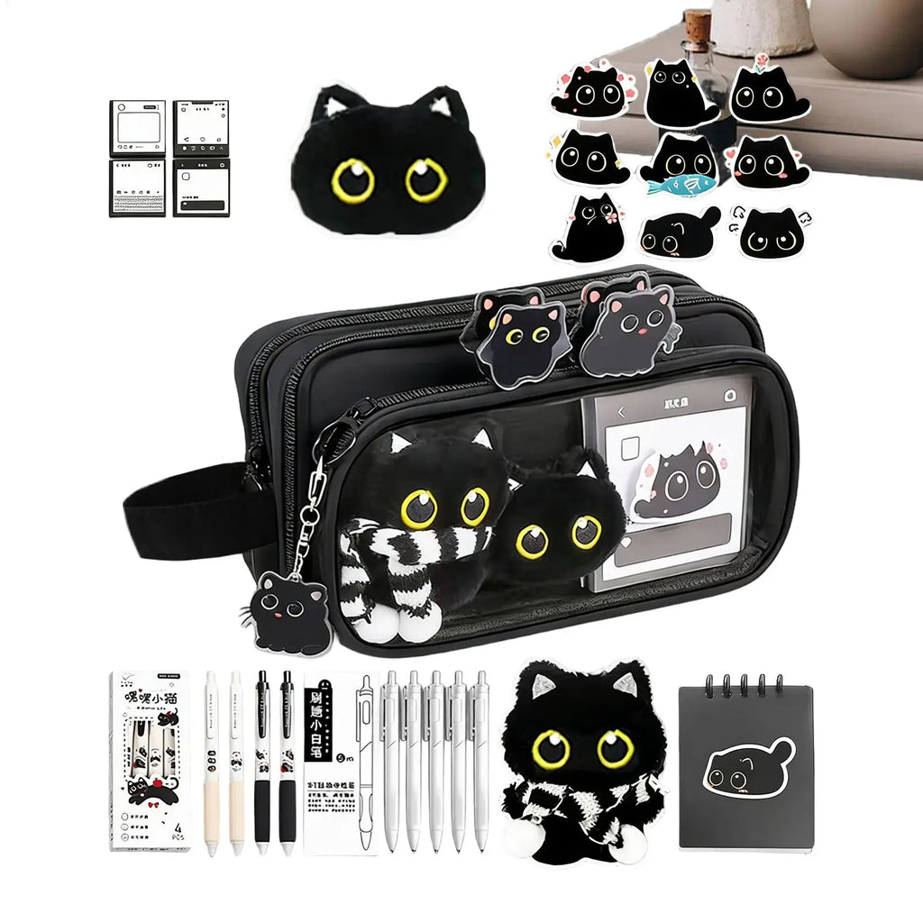 10-Layer Black Cat Pencil Case Set with Sticky Notes & Gel Pens