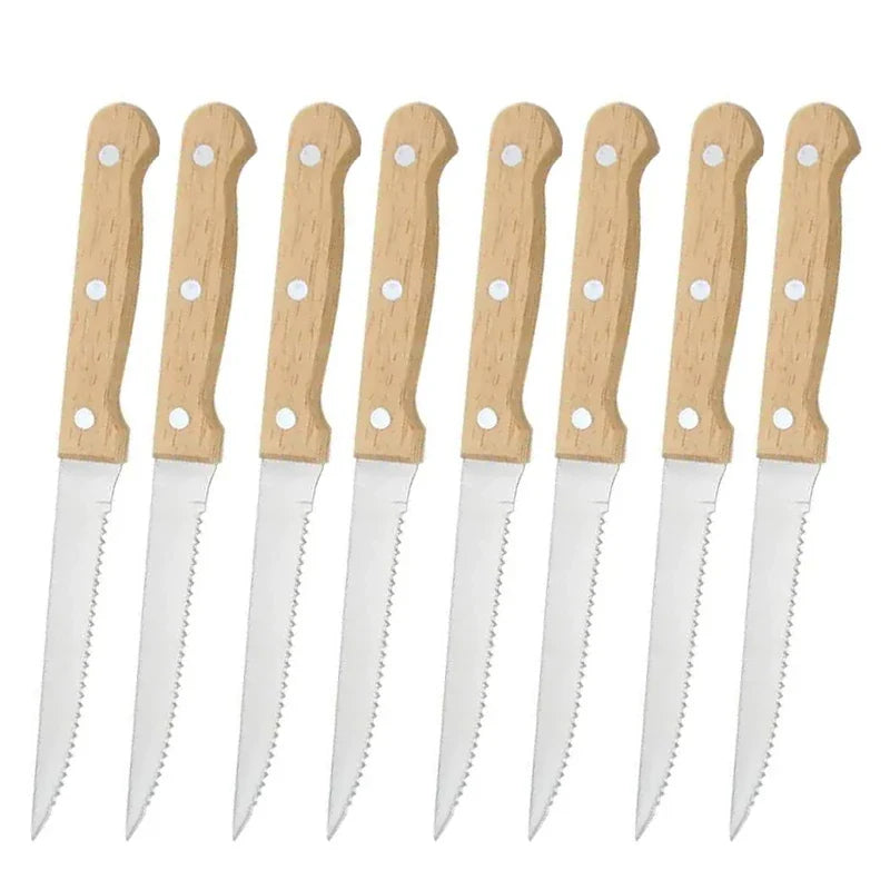 Stainless Steel Steak Knife Set – Serrated Wooden Handle 1–8 Pc